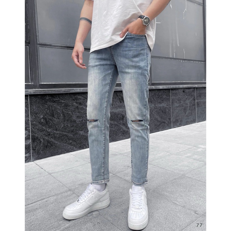 Quần dài jean nam LB co giãn, chất jean dày dặn, cắt rách 1 bên gối, phom skinny, MS78 - Hàng mới về