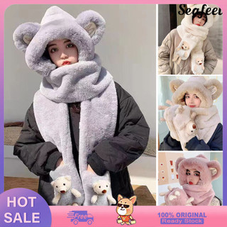 Khăn quàng cổ có mũ trùm đầu và găng tay hình gấu dễ thương cho nữ