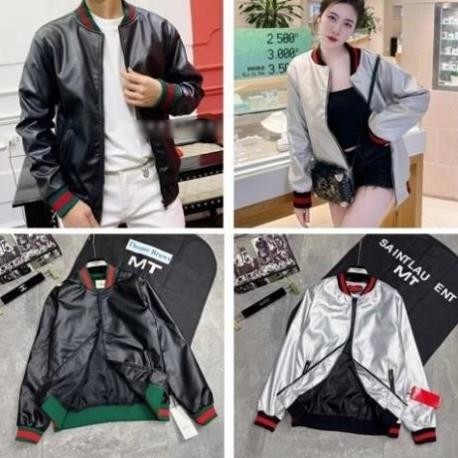 Áo Bomber Da Nam Cao Cấp Phối Họa Tiết Sọc Cổ Và Tay Áo