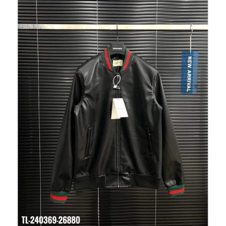 Áo Khoác Da Bomber Cao Cấp Phối Sọc Cổ Áo Cực Hot