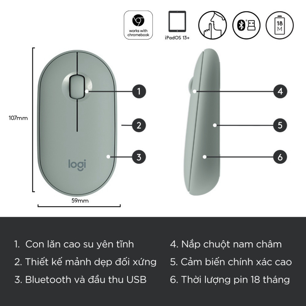 Chuột không dây Logi Pebble M350 - Bluetooth/ USB, nhỏ gọn, giảm ồn, MacOS / PC -VMK-VYN | BigBuy360 - bigbuy360.vn