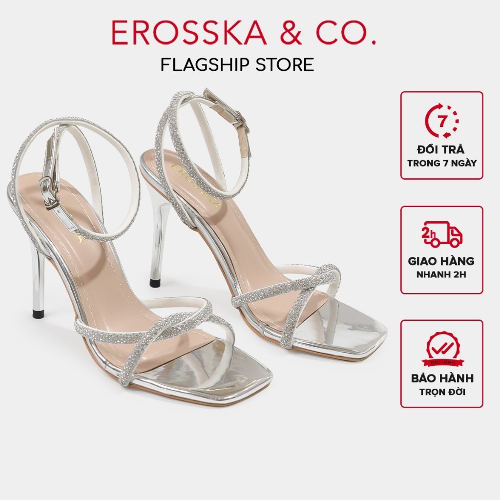 Erosska - Giày sandal cao gót mũi vuông kiểu dáng sang trọng màu bạc cao 10cm  - EN015