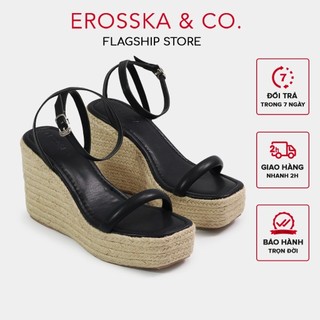 Erosska - Sandal nữ đế xuồng phối cói quai ngang dây mảnh cao 10cm  màu đen  - SB034