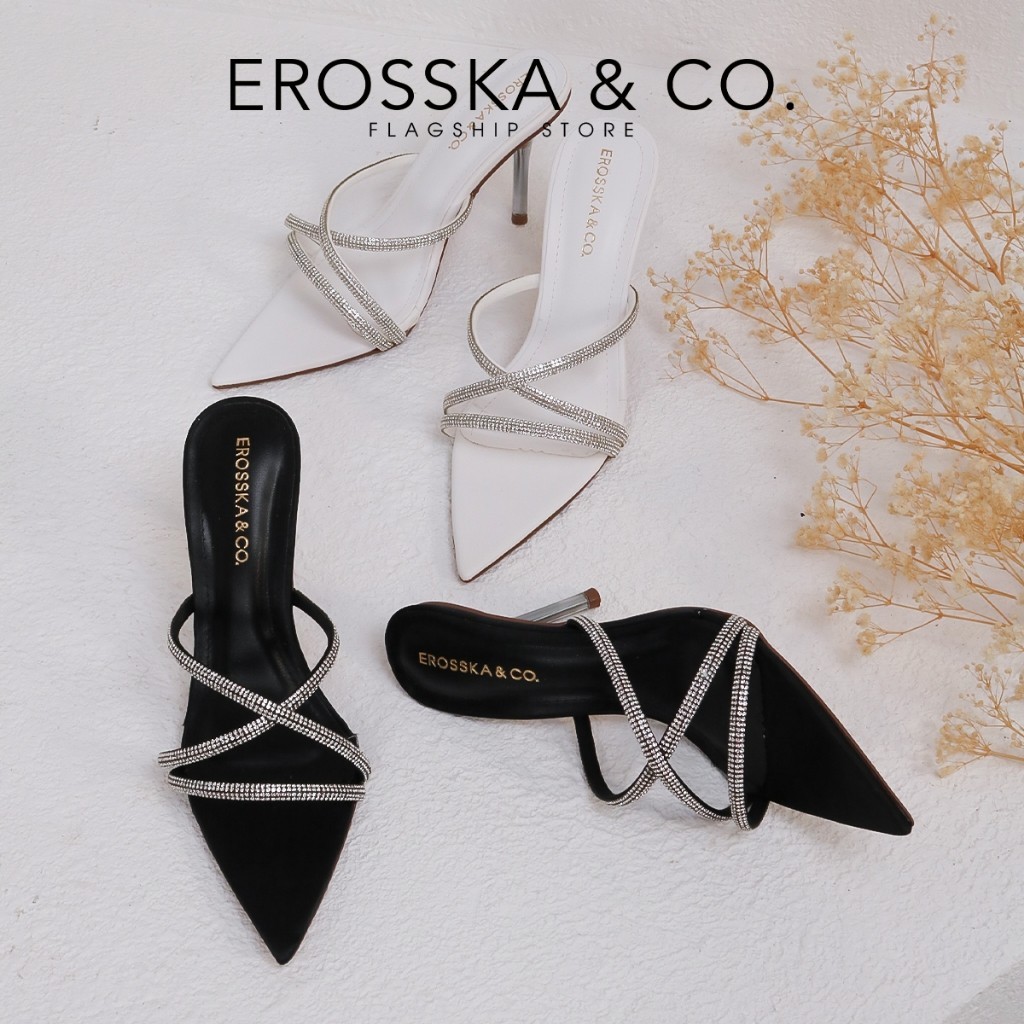 Erosska - Guốc nữ mũi nhọn quai ngang đính đá thời trang cao 9cm màu đen _ EN003