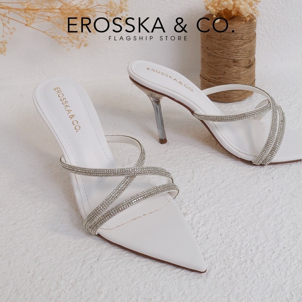 Erosska - Guốc nữ mũi nhọn quai ngang đính đá thời trang cao 9cm màu đen _ EN003