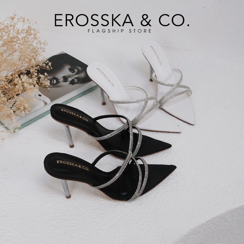 Erosska - Guốc nữ mũi nhọn quai ngang đính đá thời trang cao 9cm màu đen _ EN003