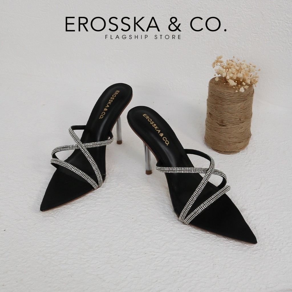 Erosska - Guốc nữ mũi nhọn quai ngang đính đá thời trang cao 9cm màu đen _ EN003