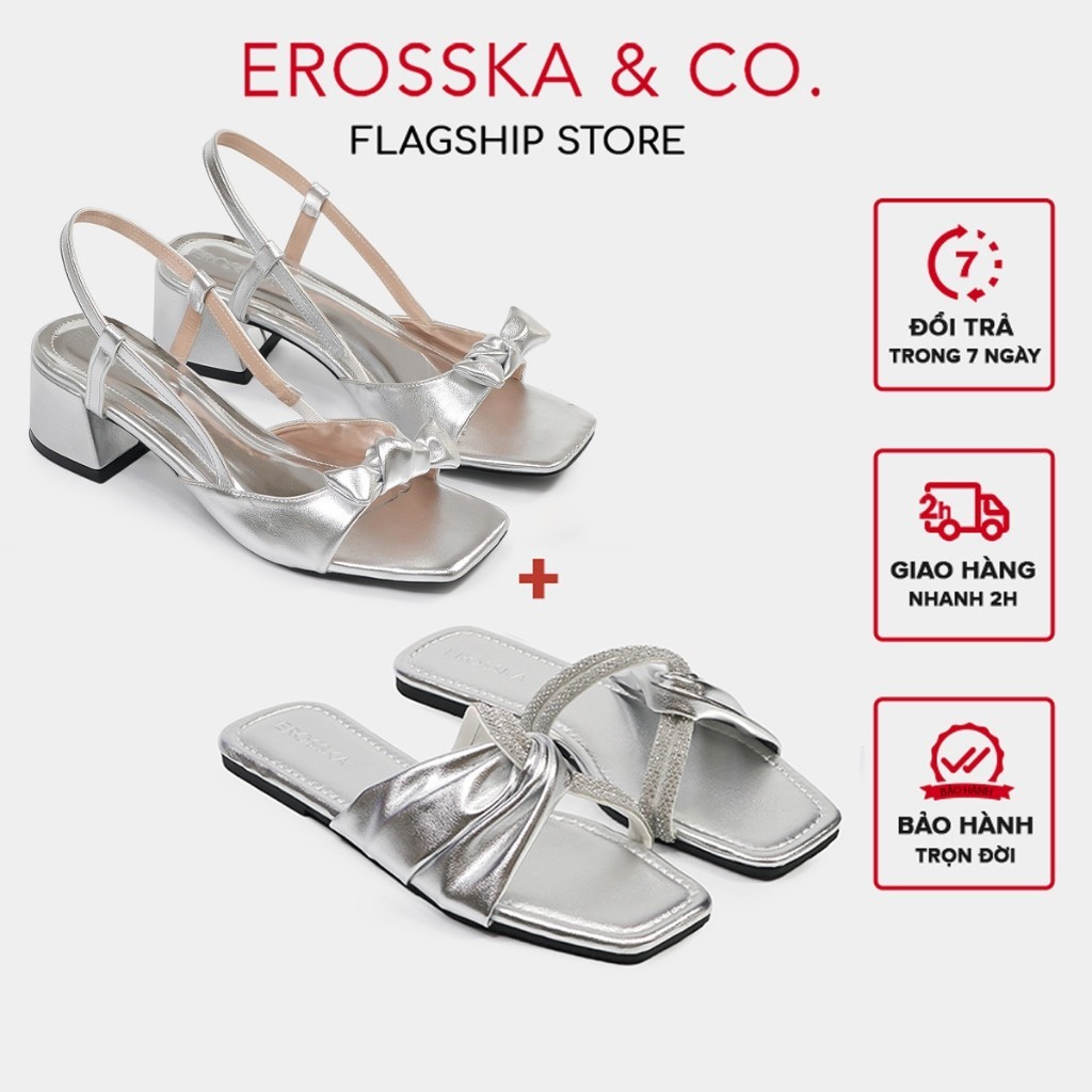 Combo giày sandal cao gót phối nơ + dép nữ thời trang đế bằng đính đá EM113 - DE078