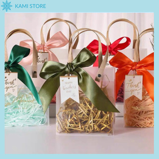 Túi quà tặng trong suốt quai cói kèm nơ và giấy rơm xinh xắn - Kami Store