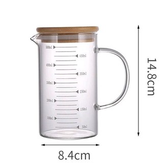 Ly thủy tinh chịu nhiệt chia vạch đo lường nắp gỗ tre hít kín hơi có quai 500ml