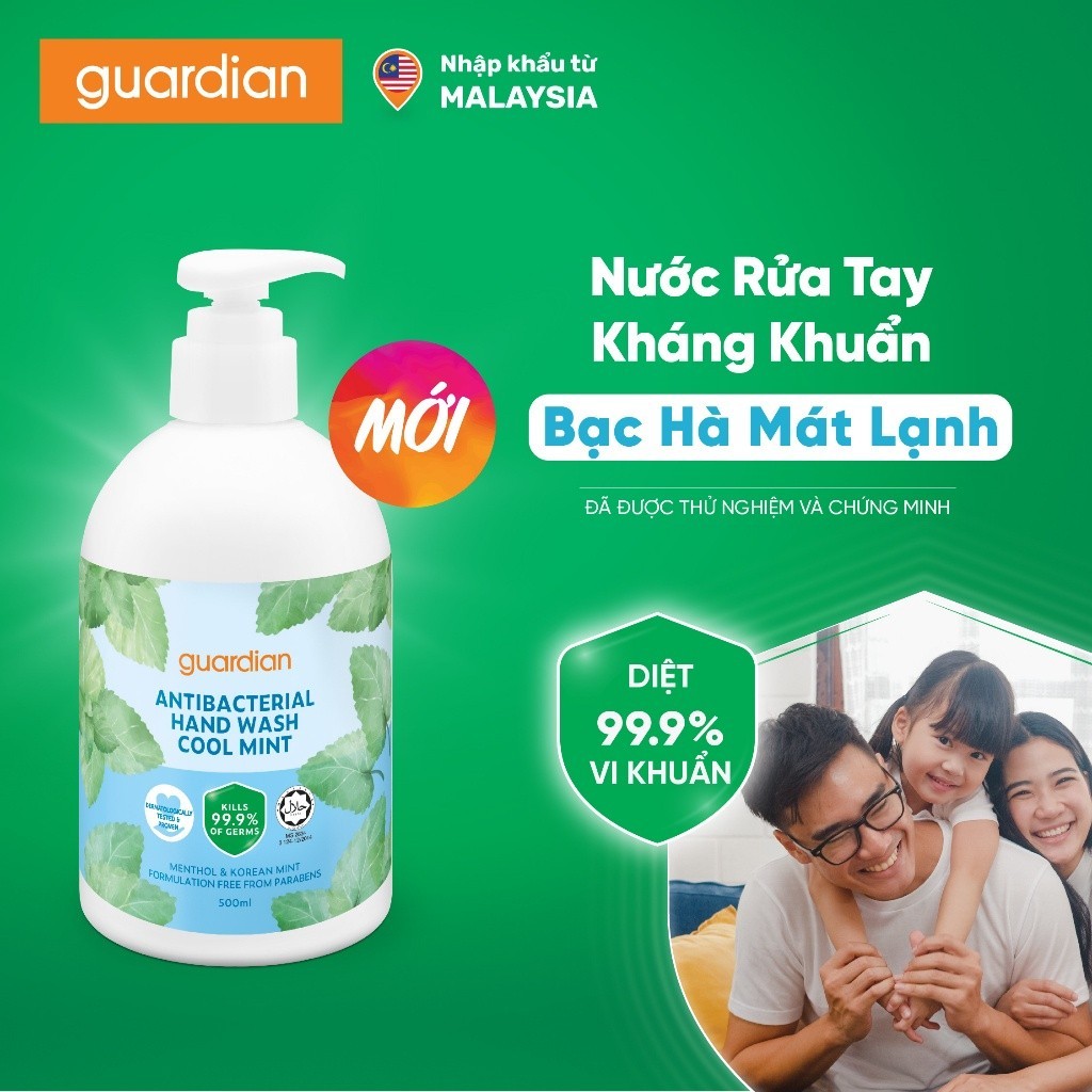 Nước Rửa Tay Sạch Khuẩn Guardian Antibacterial Handwash Cool Mint Bạc Hà Mát Lạnh 500ml