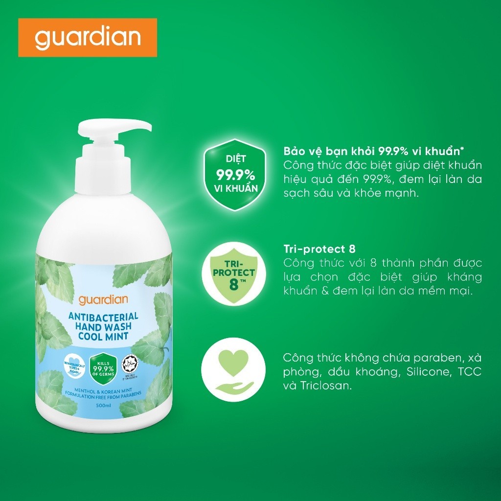 Nước Rửa Tay Sạch Khuẩn Guardian Antibacterial Handwash Cool Mint Bạc Hà Mát Lạnh 500ml