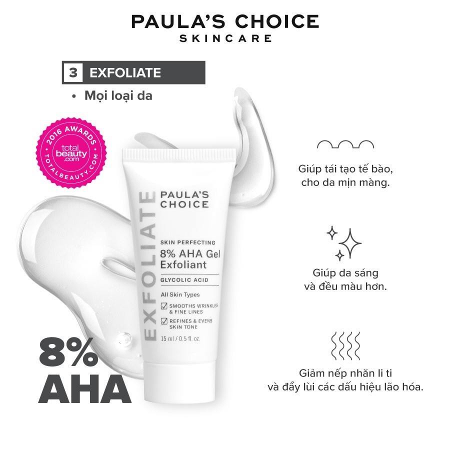 Gel loại bỏ tế bào chết làm mềm, sáng mịn da Paula's Choice 8% AHA Exfoliant 15ml 1907.1