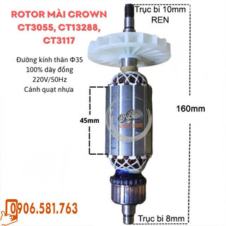 Rotor mài crown 3055 13288 3117 ct3055 ct13288 ct3117 thân 35mm dài 160mm dây đồng 220v - tặng chổi than