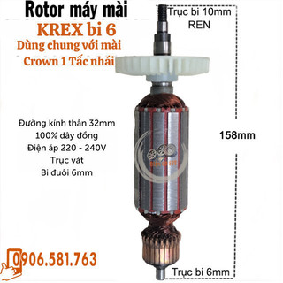 Rotor máy mài crown krex thân 32mm dài 158mm bi đuôi 6mm dây đồng 220v - tặng chổi than