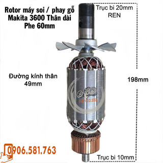 Rotor máy soi - phay gỗ Makita 3600H Thân 49mm Dài 198mm Sắt từ 53mm dây đồng 220V - Tặng chổi than