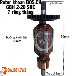 Rotor khoan BOSCH GBH 2-20 SRE 7 răng Thân 35mm Dài 130mm dây đồng 220V - Tặng chổi than
