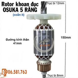Rotor khoan đục OSUKA 5 RĂNG thân 41 dài 150mm (Cánh nhỏ và Răng xoắn ít) dây đồng 220V - Tặng chổi than