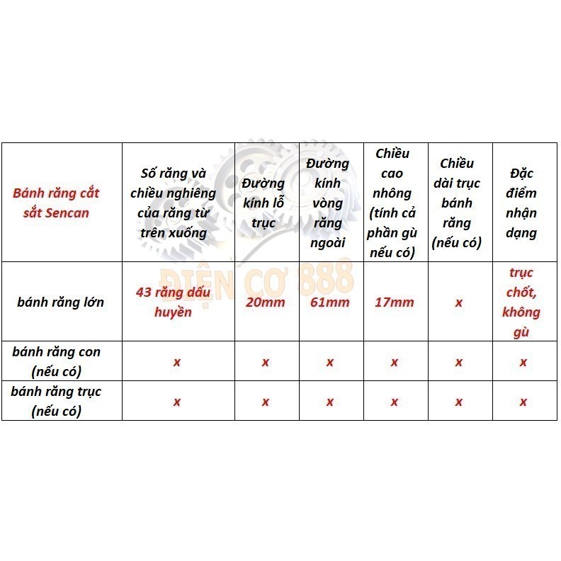 Nhông bánh răng cắt sắt Sencan 43 răng kích thước 20x61x17mm