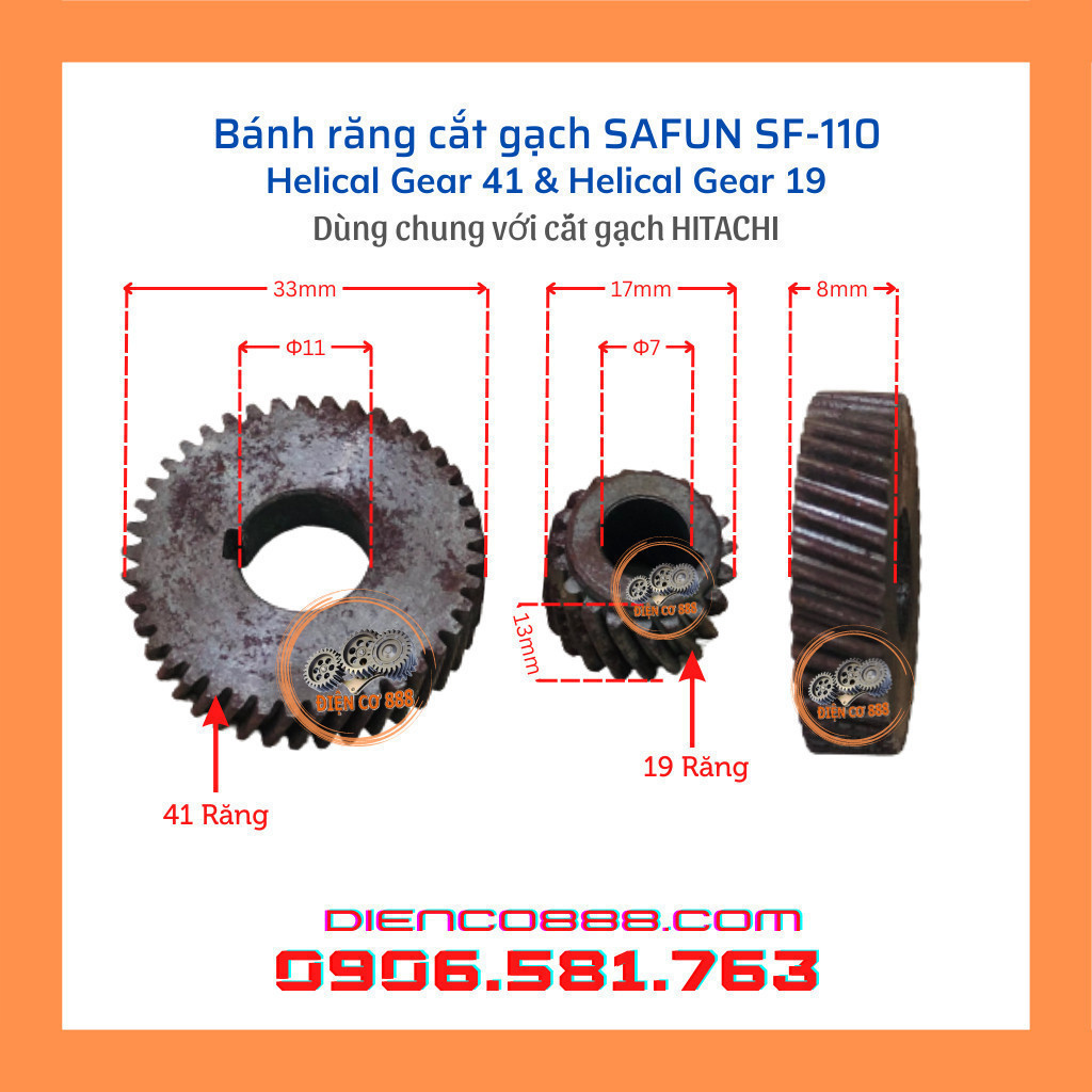 (Set of Gear) Bộ nhông bánh răng cắt gạch SAFUN SF-110 dùng chung với máy Hitachi/Hikoki (2 chi tiết)