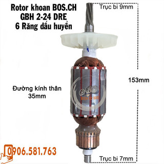 Rotor khoan bosch gbh 2-24 sr, dsr, dfr 6 răng - tặng chổi than