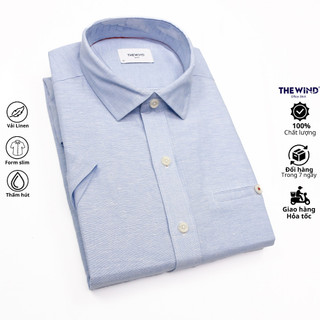 Áo sơ mi nam ngắn tay vải linen the wind xanh nhạt somi công sở ar23009n