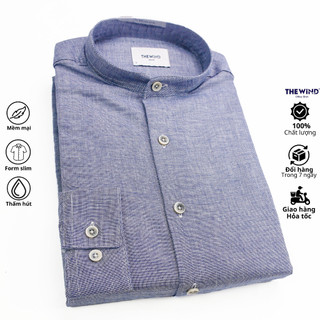 Áo sơ mi nam tay dài THE WIND linen xanh xám phom slimfit