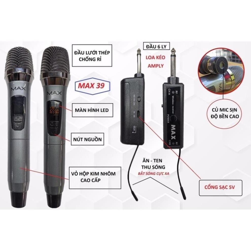 Micro karaoke không dây cho amly loa kéo sound card livestream hay UHF 1 mic và 2 mic Max 39 sạc pin