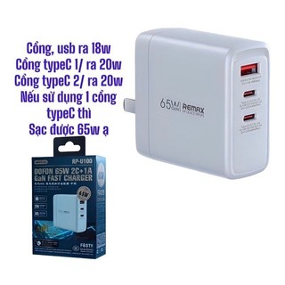 Cốc sạc nhanh 65w remax u100 3 cổng usb và type c pd qc 3.0 -hàng mới