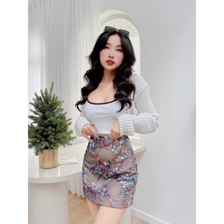 Chân Váy Sequin Phối Họa Tiếc Hoa Lilac CRYSLAU LD20004 Màu Nude/Black Chất Liệu Polyester