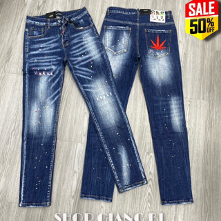 Quần Jeans Biker DSQ Phối Logo Lá Phong Đỏ Loang Màu Hàng Đẹp - Quần Jeans Bò Nam Dày Dặn Hot 2024