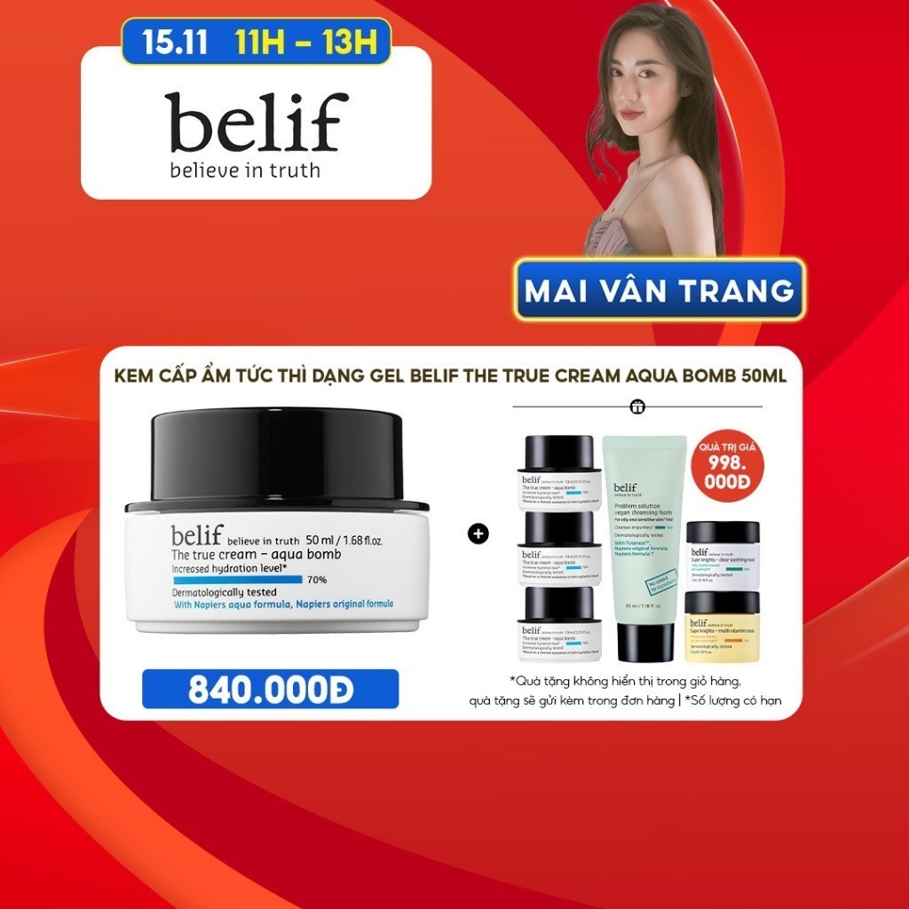 [Mai Vân Trang x Belif] Kem cấp ẩm tức thì dạng gel Belif The True Cream Aqua Bomb 50ml