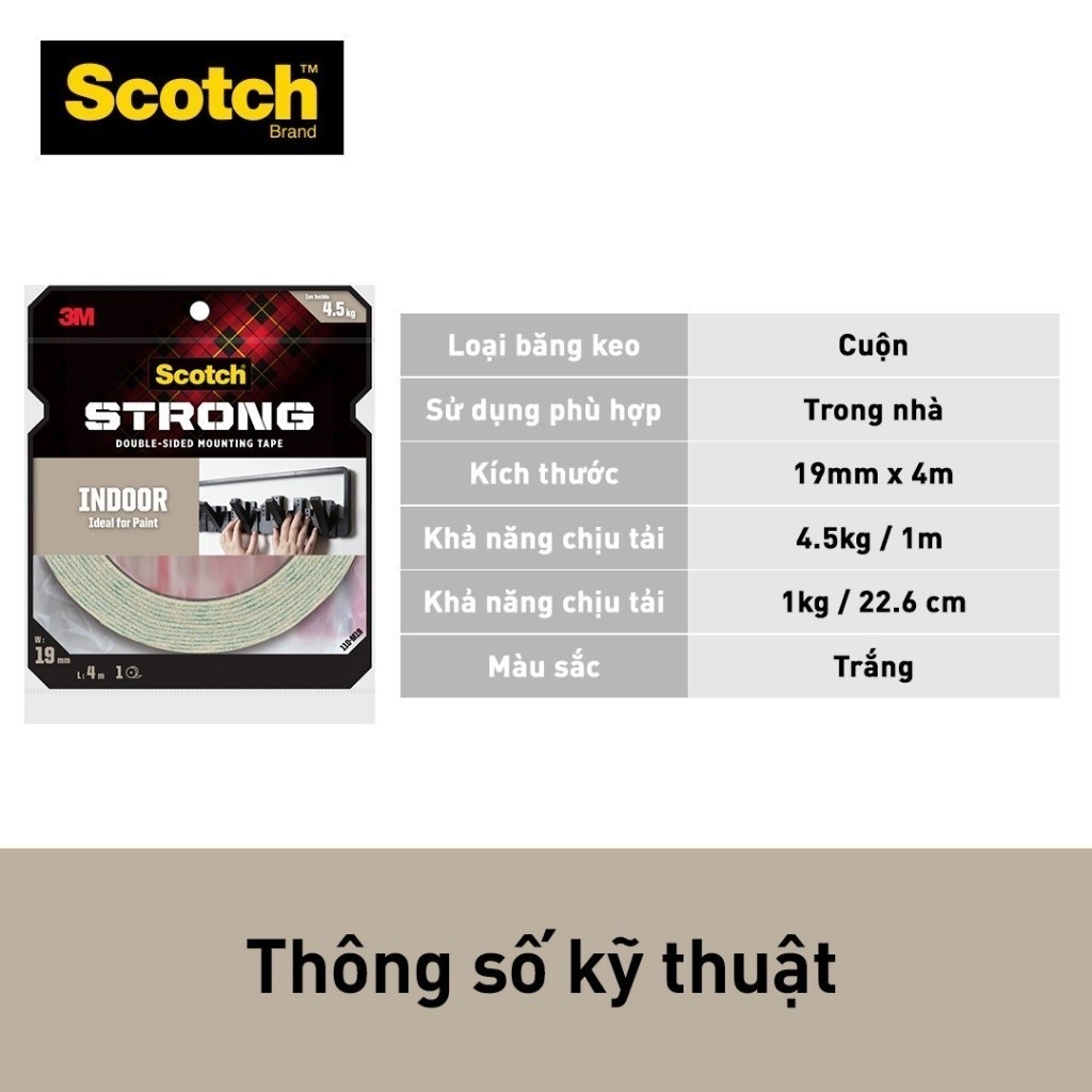 Băng keo hai mặt 3M™ Scotch®, siêu dính, độ bền cao, chống tia UV, kéo nhẹ nhàng, 1 cuộn, Dùng trong nhà