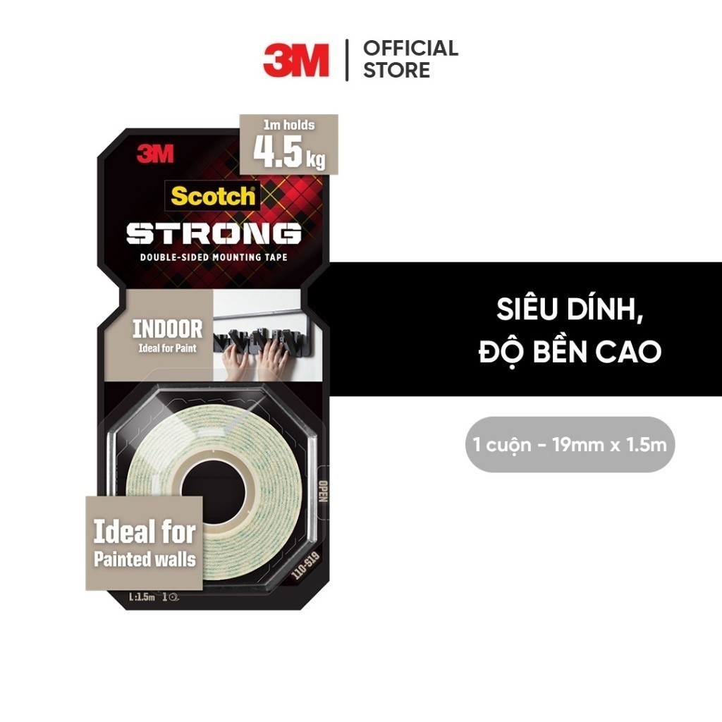 Băng keo hai mặt 3M™ Scotch®, siêu dính, độ bền cao, chống tia UV, kéo nhẹ nhàng, 1 cuộn, Dùng trong nhà