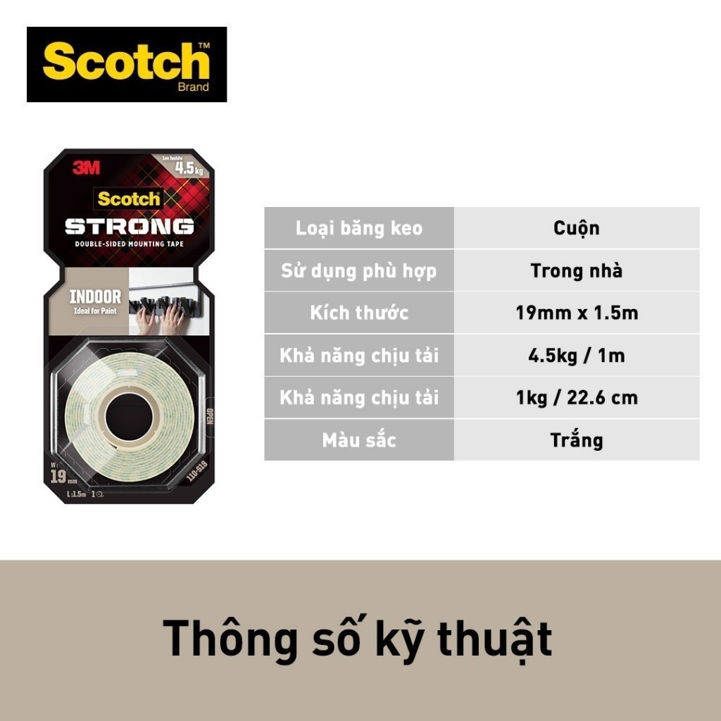 Băng keo hai mặt 3M™ Scotch®, siêu dính, độ bền cao, chống tia UV, kéo nhẹ nhàng, 1 cuộn, Dùng trong nhà