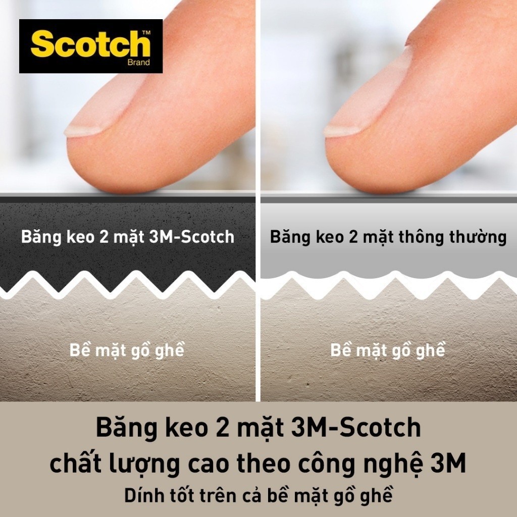 Băng keo hai mặt 3M™ Scotch®, siêu dính, độ bền cao, chống tia UV, kéo nhẹ nhàng, 1 cuộn, Dùng trong nhà