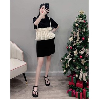Đầm thun cotton đen phối tơ be trẻ trung, đầm bầu, đầm bigsize 40kg-120kg