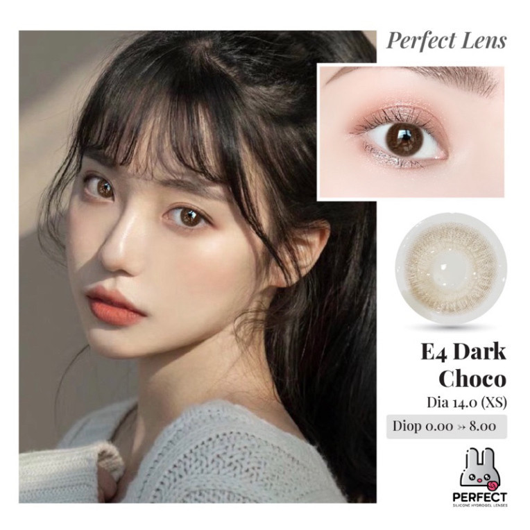 Lens Ảnh Mắt Thật, E4 Dark Choco Perfect Lens, dia 14.0, kính áp tròng nâu tự nhiên không giãn, có độ cận, có viền