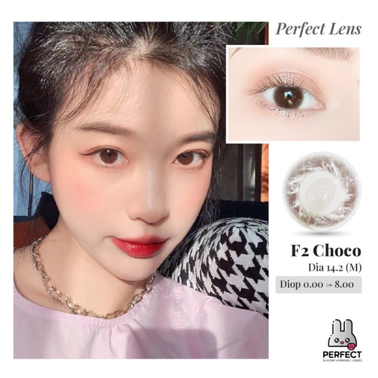 Lens Ảnh Mắt Thật, F2 Choco Perfect Lens, dia 14.2, kính áp tròng nâu choco giãn vừa, có độ cận, có viền