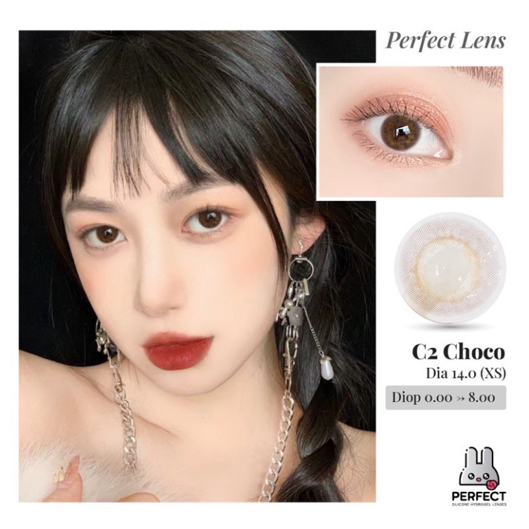 Lens Ảnh Mắt Thật, C2 Choco Perfect Lens, dia 14.0, kính áp tròng nâu choco không giãn, có độ cận, không viền