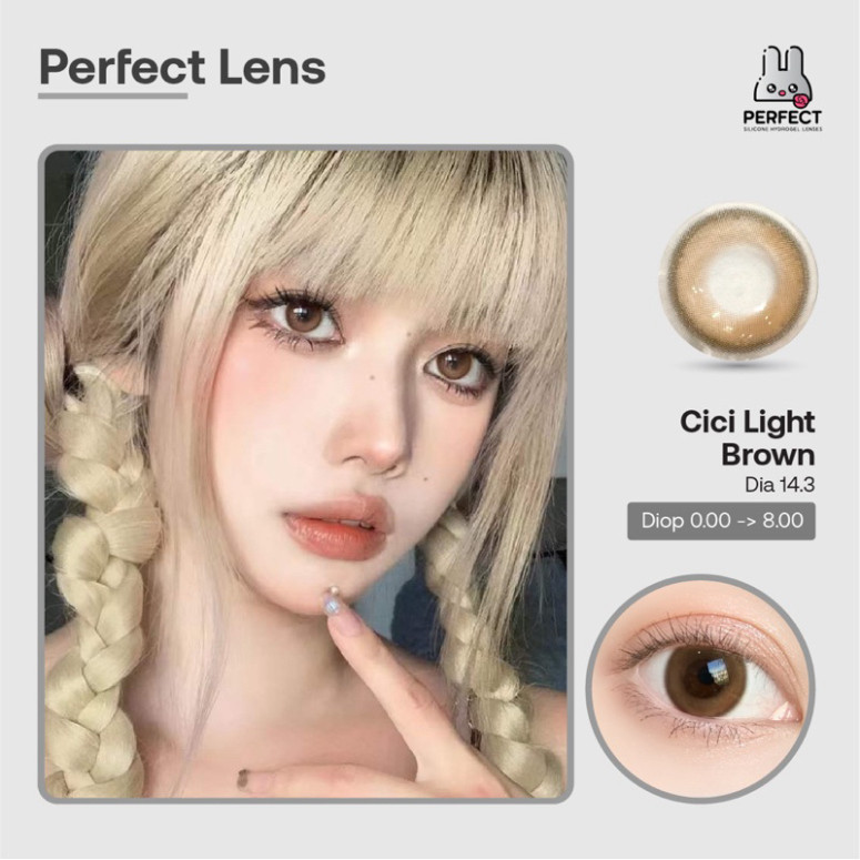 Lens Ảnh Mắt Thật, Cici Light Brown Perfect Lens, dia 14.3, kính áp tròng nâu giãn to, có độ, có viền