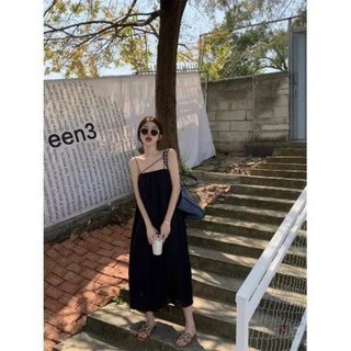 Đầm maxy màu đen 2 dây cách điệu đi chơi đi biển có bigsize 40kg-120kg