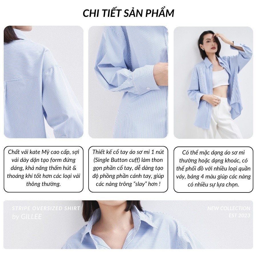 Áo sơ mi nữ tay dài GILLEE sơ mi kẻ sọc oversized nhiều màu, sơ mi form rộng cao cấp chống nhăn FAS292