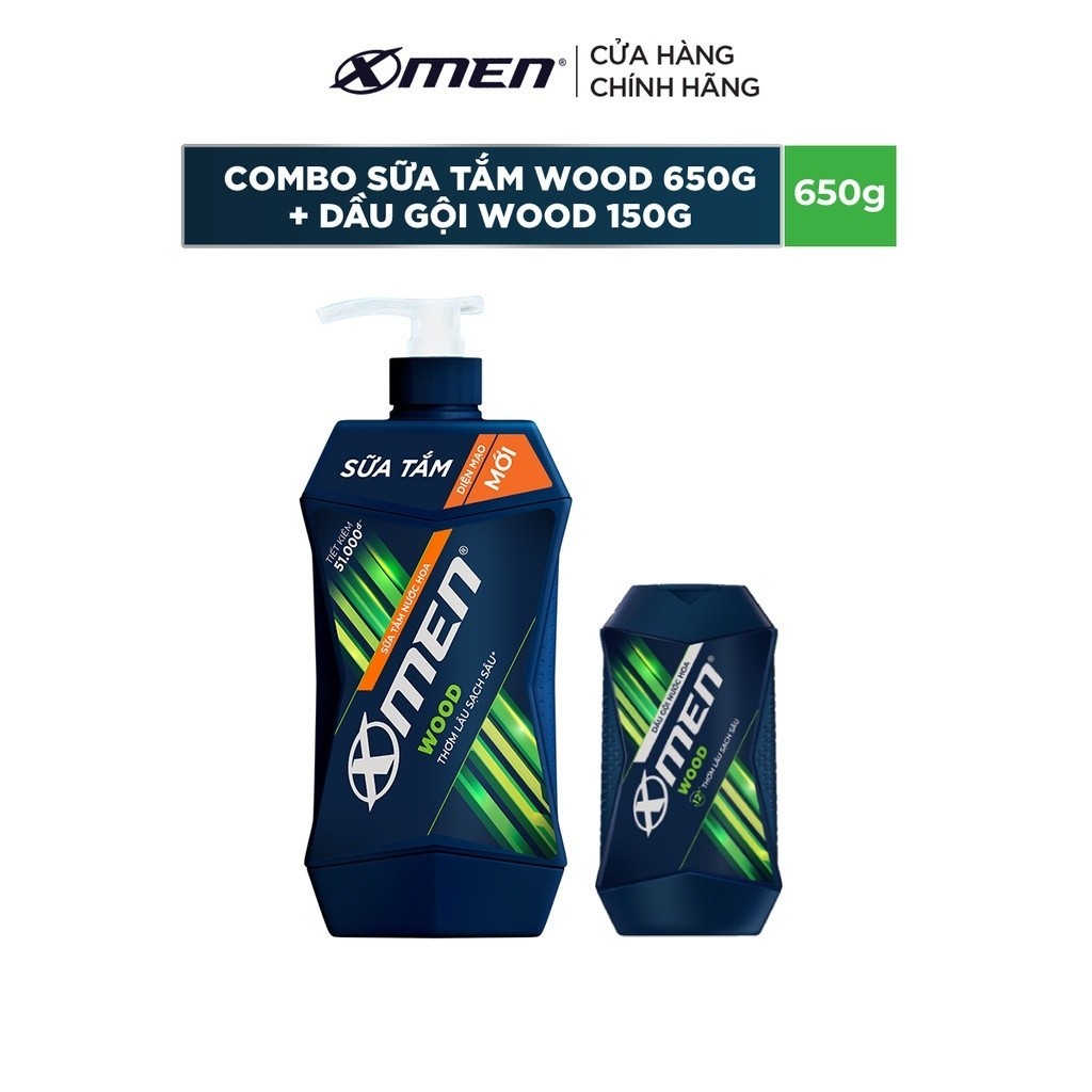 Combo Sữa tắm nước hoa X-Men Wood 650g + Dầu gội wood 150g