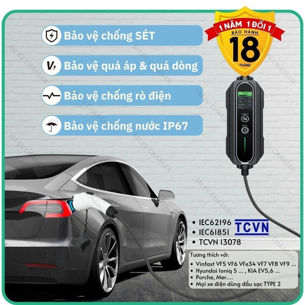 GENTEK 7.4KW - Sạc nhanh xe ô tô điện Vinfast Volvo Kia Huyndai chuẩn TYPE 2 -G702- TIÊU CHUẨN TCVN 13078 - Chính Hãng