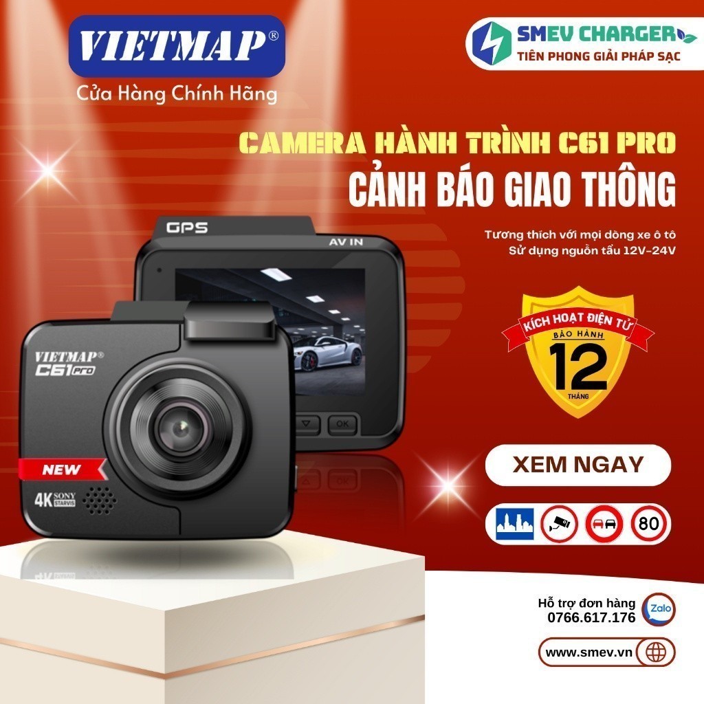 Vietmap C61 Pro - Camera hành trình cảnh báo giao thông giọng nói - ghi hình 4K - SMEV - Hàng chính hãng
