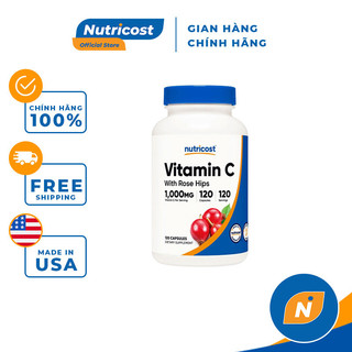 Nutricost VitaminC With Rose Hips 1000mg 120 Viên Nhộng Tăng Sức Đ ề Kh áng, Hỗ Trợ Sức Kh ỏe Làn Da
