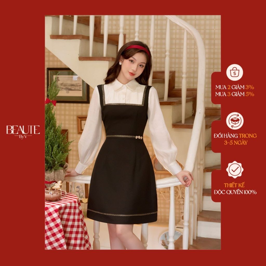 BEAUTEBYV - Váy nữ dáng A phối yếm chạy riềm ren xích Blink