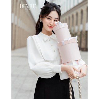 Beautebyv - áo sơmi phối tơ đính cúc đá lovie