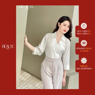 Beautebyv - áo sơmi nữ đắp vạt cổ đức maley